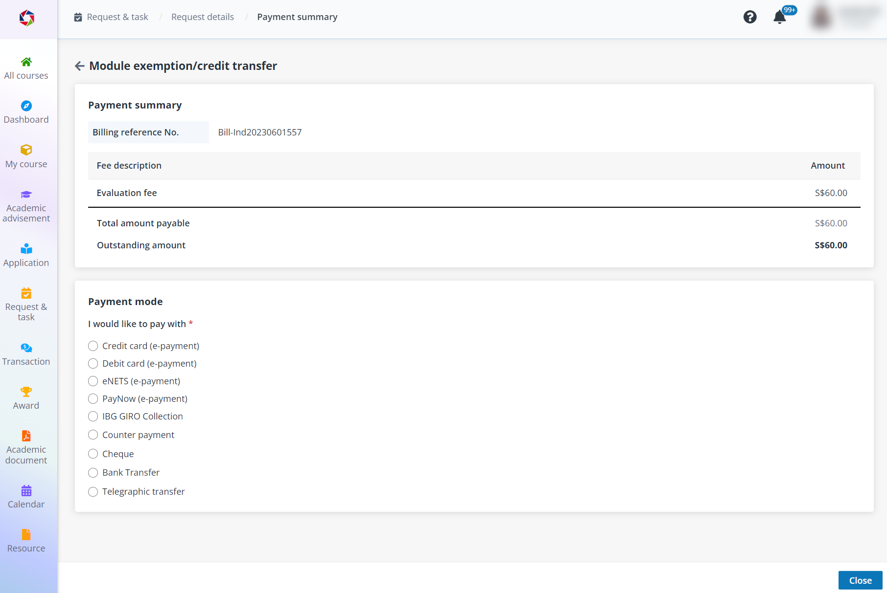 Payment summary.