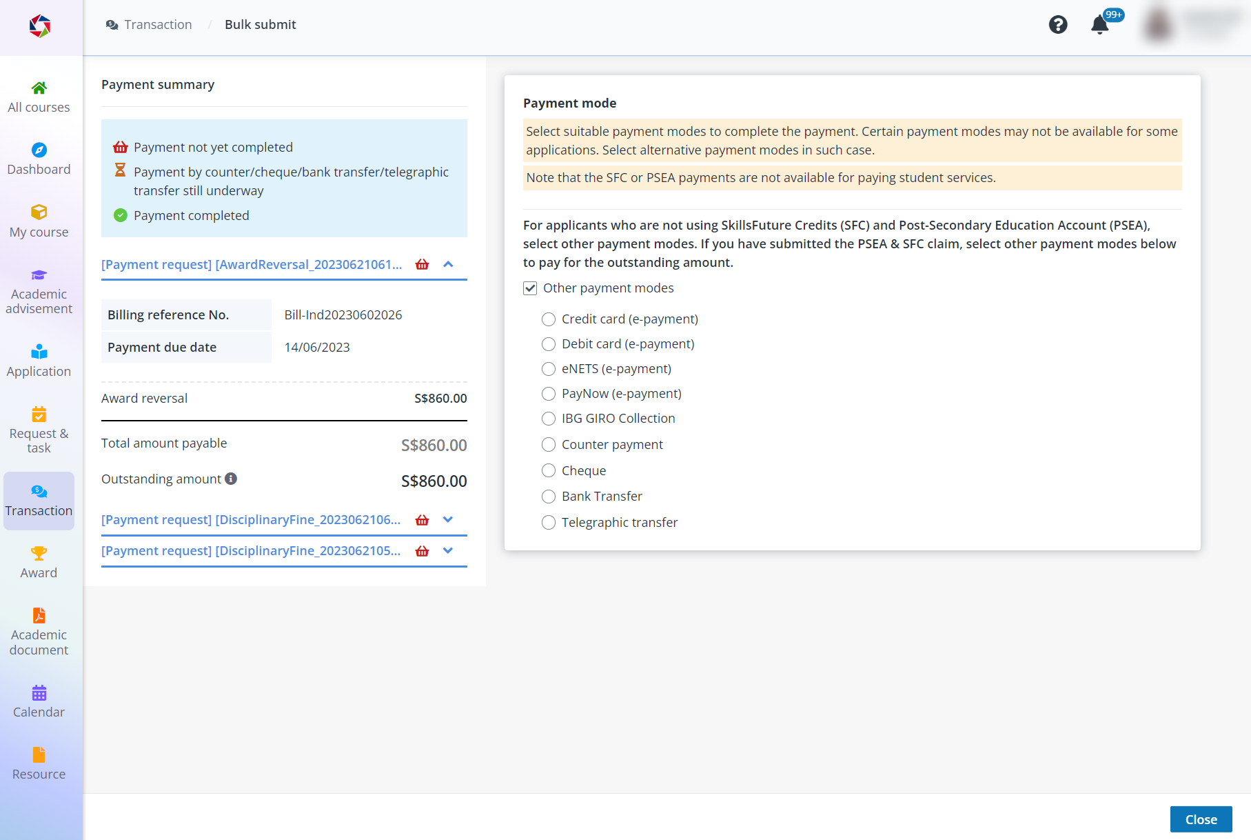 Payment summary.