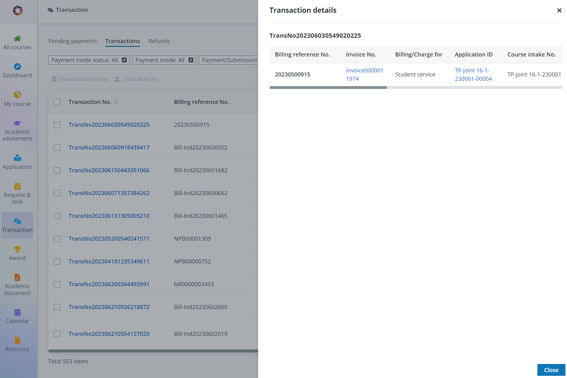 Transaction details.